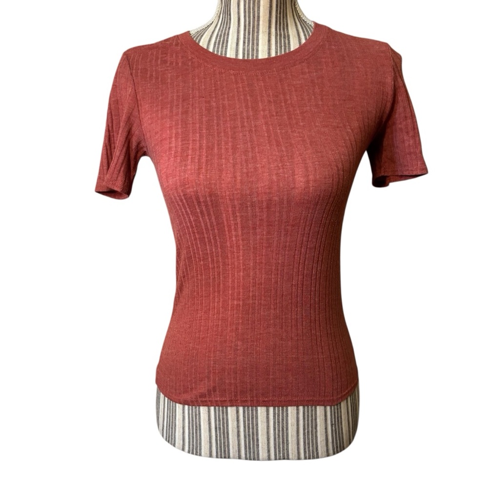 Topshop Tee Size 4 Rust Short Sleeve Ribbed Stretch Poly Cotton Viscose Crew